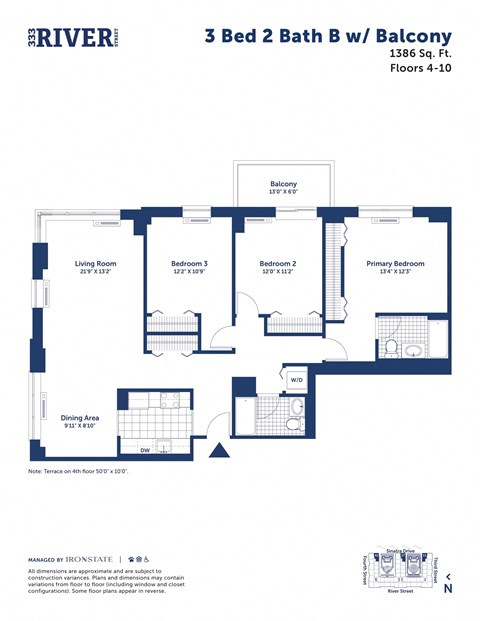 Floor plan for 3 beds, 2 baths, 1386 sqft